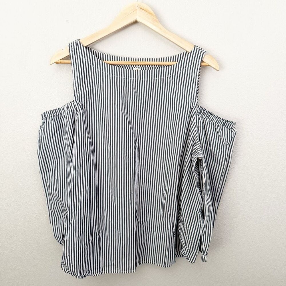 GAP | Coastal Cold Shoulder Top Blouse Blue White Banker Stripe Cotton | Size XL - Picture 1 of 6